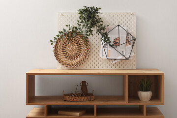Pegboard with newspapers and plant on shelf near light wall