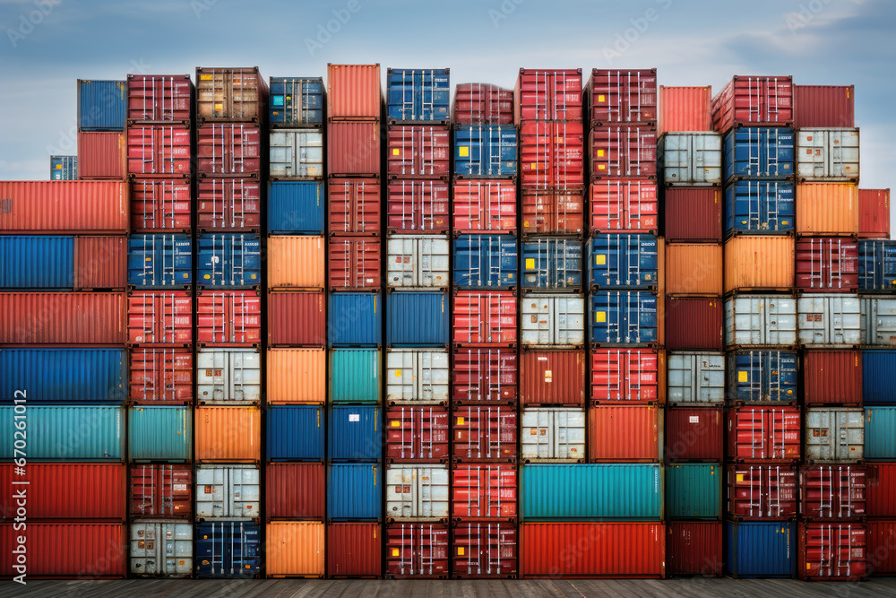 Poster a stack of shipping containers at a bustling port, capturing the concept of containerization and eff