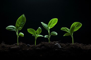 Four green plants growing from soil on a dark backdrop. Generative AI