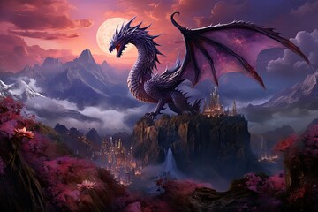 A `picture of a resting dragon, scales shimmering in moonlight. Its wings are draped in flowering...
