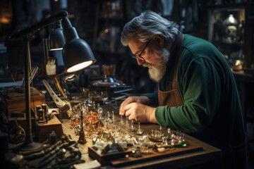 Obraz na płótnie Canvas A jeweler crafting a unique piece of jewelry at a workbench, portraying the Concept of artisanal jewelry trade and craftsmanship. Generative Ai.