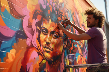 A street artist creating a vibrant mural on a city wall, capturing the Concept of urban art and...