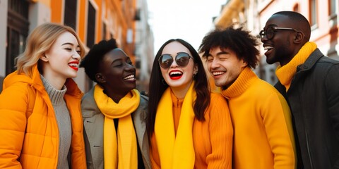 A group of friends, consisting of young people of different skin colors, dressed in yellow, bright clothes, are photographed against the backdrop of city streets.