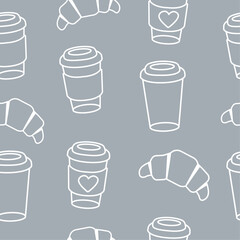 Cute seamless pattern with doodle outline vector paper cups or ceramic mugs with live stroke sweet croissant or sketch pretzel