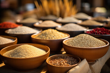 A farmer's market stall with a variety of whole grains, including quinoa and brown rice. Concept of diverse grain options. Generative Ai. - obrazy, fototapety, plakaty