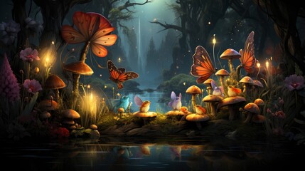 Fototapeta na wymiar Mystical forest scene with illuminated mushrooms, magical castle, glowing lights, and serene pond reflections.