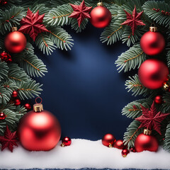 Christmas background with fir branches, red baubles and stars.