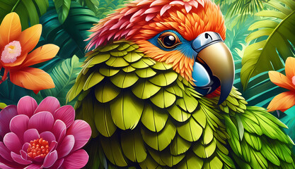 Fototapeta premium Beautiful parrot colors, with abstract background of a jungle, animals concept, generative ai