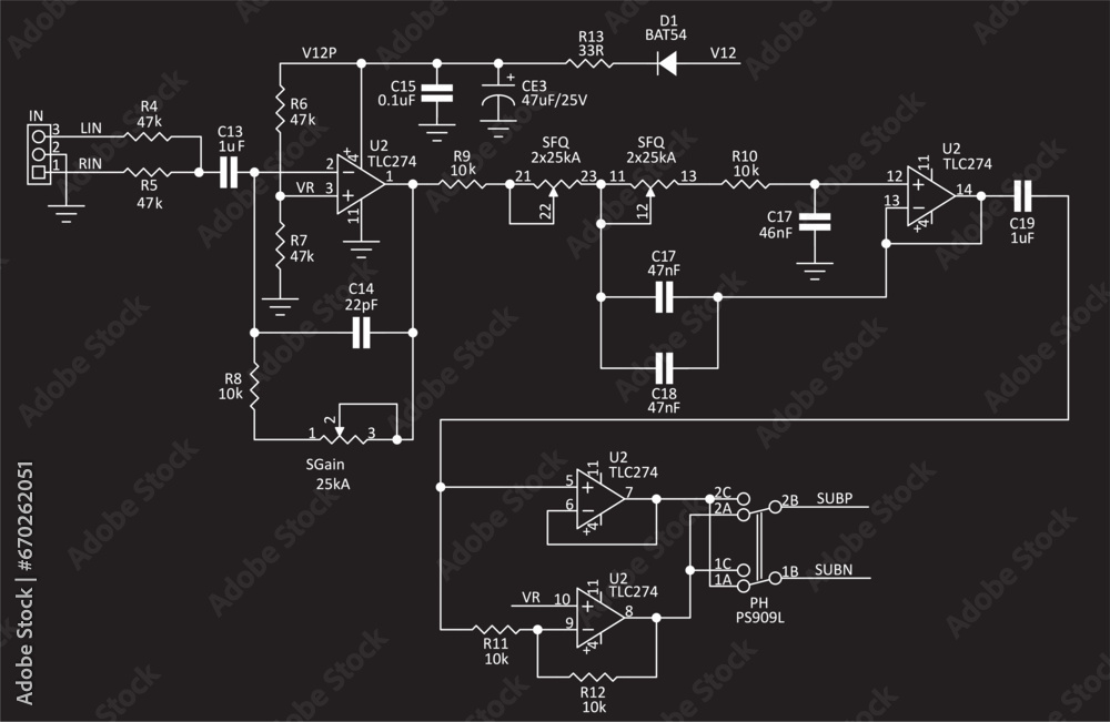 Poster schematic diagram of electronic device. vector drawing electrical circuit with operational amplifier