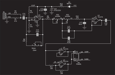 Schematic diagram of electronic device.
Vector drawing electrical circuit with operational amplifier, 
resistor, diode, capacitor
and other electronic components.
