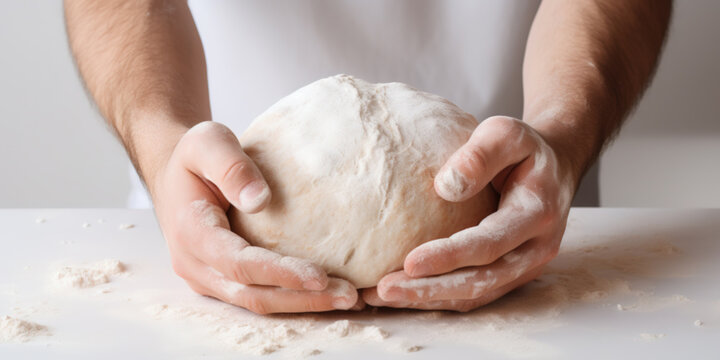 A young man's hands intensively kneading the dough, white background