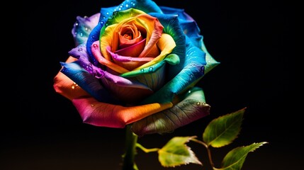 An ultra HD 8K image of a Rainbow Rose against a dark background, showcasing its luminous colors and intricate patterns in great detail.