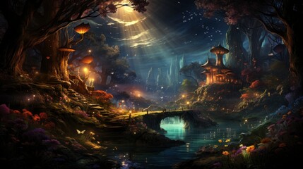 Fototapeta premium Mystical forest scene with illuminated mushrooms, magical castle, glowing lights, and serene pond reflections.