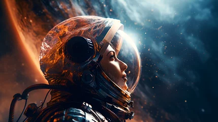 Fotobehang Portrait of an attractive female astronaut wearing a helmet in outer space, looking at planet Earth. Space travel and exploration concept. © Tetiana