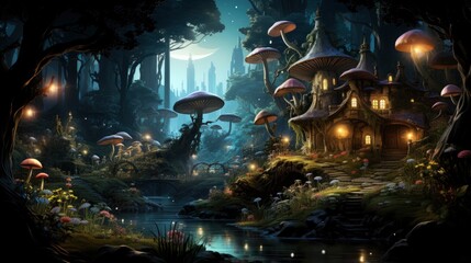 Mystical forest scene with illuminated mushrooms, magical castle, glowing lights, and serene pond reflections.