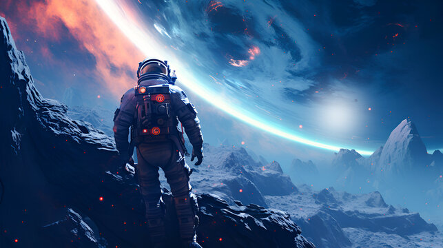 Futuristic illustration of an astronaut walking on the surface of the Moon against the backdrop of a colorful bright lunar landscape and a view of planet Earth in space with copy space