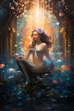A picture of underwater alcove bathed in ethereal light. A mermaid, with intricate scales of pearl and azure.