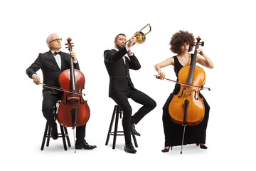 Full length portrait of musicians sitting and playing cellos and a trombone