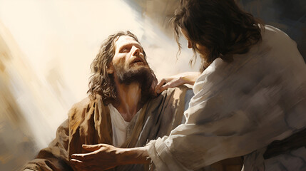  Jesus healing a blind man by touching his eyes. Biblical Series - obrazy, fototapety, plakaty