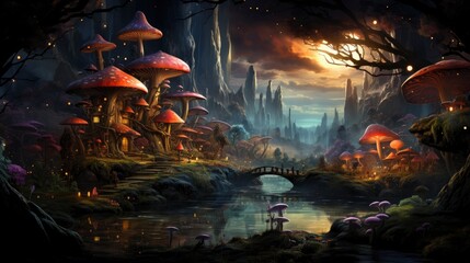 Mystical forest scene with illuminated mushrooms, magical castle, glowing lights, and serene pond reflections.