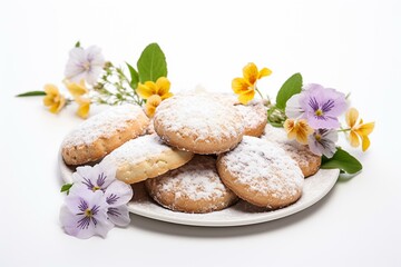 Obraz na płótnie Canvas Homemade Italian cookies on white background with flowers, representing breakfast. Generative AI