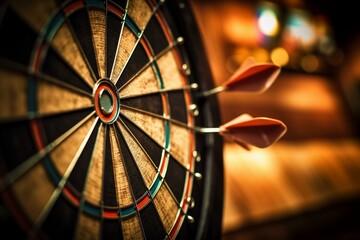 Dartboard with three darts hitting the bullseye. Generative AI