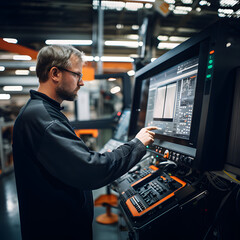 Modern Industry: A Skilled Worker Overseeing Advanced Software in an Industrial Setting. - obrazy, fototapety, plakaty