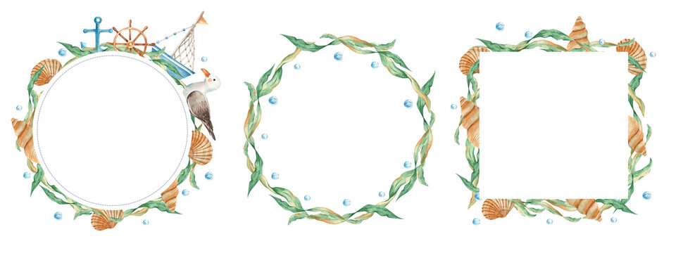Set of sea circle and square frames. Wreaths with cute watercolor ship, boat with wooden steering wheel and nautical anchor. Seagull and seashells. Seaweeds and water bubbles. Marine design