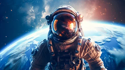 Foto op Aluminium An astronaut in a spacesuit with mirrored protective glass looks at the camera against the backdrop of the planet Earth. Space travel and exploration concept. © Tetiana