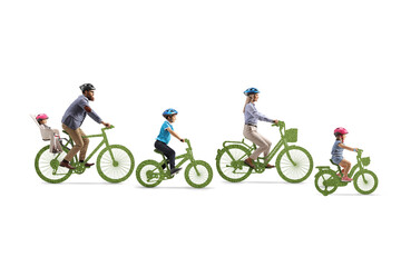Fototapeta premium Parents with children riding green bicycles