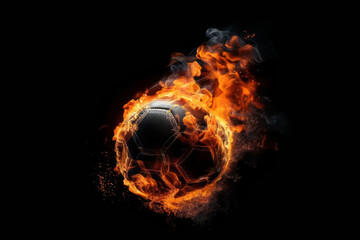 Burning football on black, explosive power and energy, a sizzling moment in sports history, AI Generative.