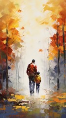 Lonely father walking hand in hand with son child. Concept illustration for divorce, death of a parent, loving father