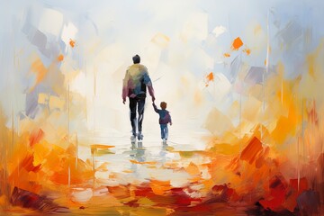 Fototapeta premium Lonely father walking hand in hand with son child. Concept illustration for divorce, death of a parent, loving father