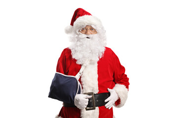 Santa Claus with an arm injury wearing a sling