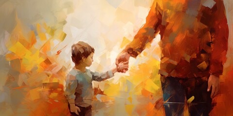 Lonely father walking hand in hand with son child. Concept illustration for divorce, death of a parent, loving father - obrazy, fototapety, plakaty