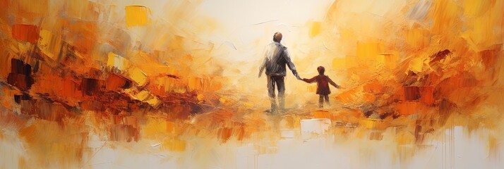 Lonely father walking hand in hand with son child. Concept illustration for divorce, death of a parent, loving father - obrazy, fototapety, plakaty