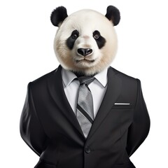 Funny panda bear in suit generative AI illustration isolated on white background. Lovely animal looks like humans concept. Realistic photo style
