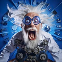 Crazy scientist nutty professor is doing experiment for science. Generative AI artificial intelligence illustration. Mad science concept - obrazy, fototapety, plakaty