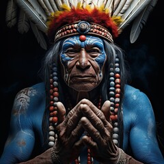 Indian chief tribal leader isolated on blue background. Generative AI image illustration. American native concept