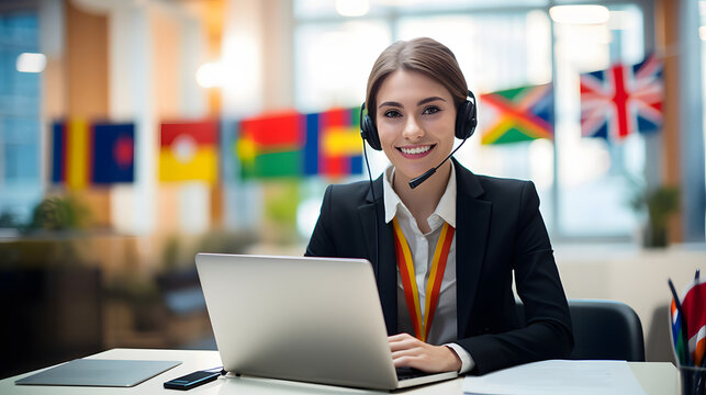 Smiling multilingual female virtual assistant wearing a headset with microphone, sitting at her desk with a laptop, international flags behind her