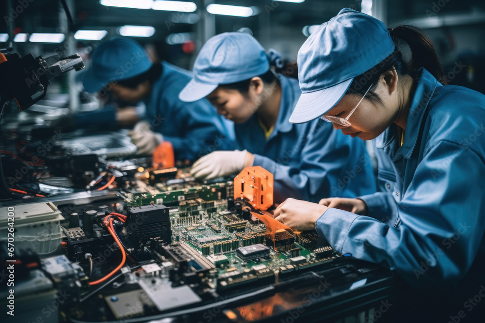 Poster workers assembling electronic components in a high-tech factory, highlighting the complexity of glob