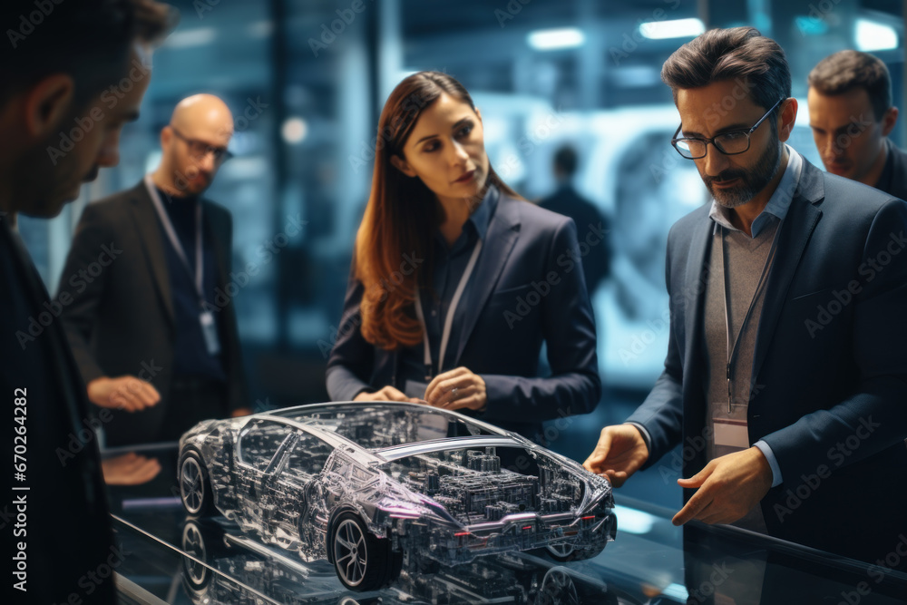 Poster a group of engineers discussing the design and manufacturing of a new automobile, emphasizing the gl
