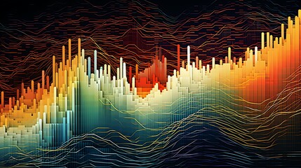 abstract representation of market volatility , dynamic blend of fluctuating curves and lines, symbolizing the ups and downs of the stock market. Incorporate a spectrum of colors from warm to cool