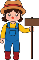 Cute Farmer Girl Kawaii Hold Sign Board Cartoon Vector Illustration