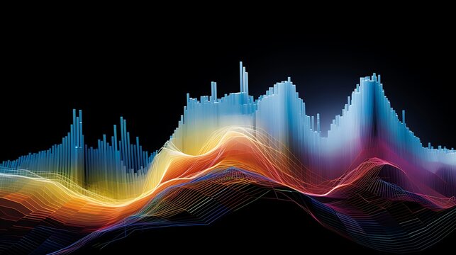 abstract representation of market volatility , dynamic blend of fluctuating curves and lines, symbolizing the ups and downs of the stock market. Incorporate a spectrum of colors from warm to cool