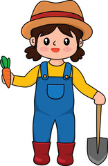 Cute Farmer Girl Hold Carrot and Shovel Kawaii Cartoon Vector Illustration