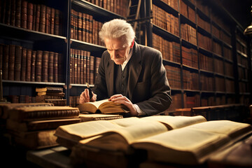 Lawyer examining thick law books in a grand old library the weight of legal history palpable. - obrazy, fototapety, plakaty