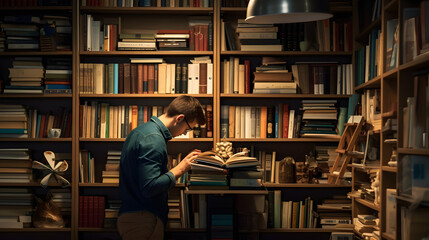 Librarian arranging books on a shelf lost in a world of stories and knowledge. - obrazy, fototapety, plakaty