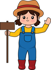 Cute Farmer Girl Holding Sign Board Kawaii Cartoon Vector Illustration