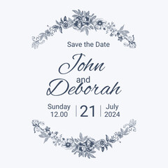 Botanical blue wedding frame or wreath on white background. Hand drawn floral, flower, leaf branch in toile de jouy style. Line art for wedding, monogram, invitation, greeting, logo, birthday cards